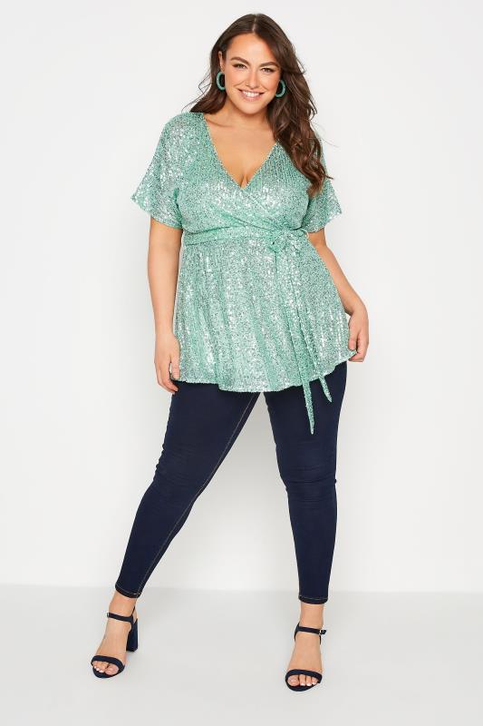 YOURS LONDON Curve Green Sequin Embellished Wrap Top 2