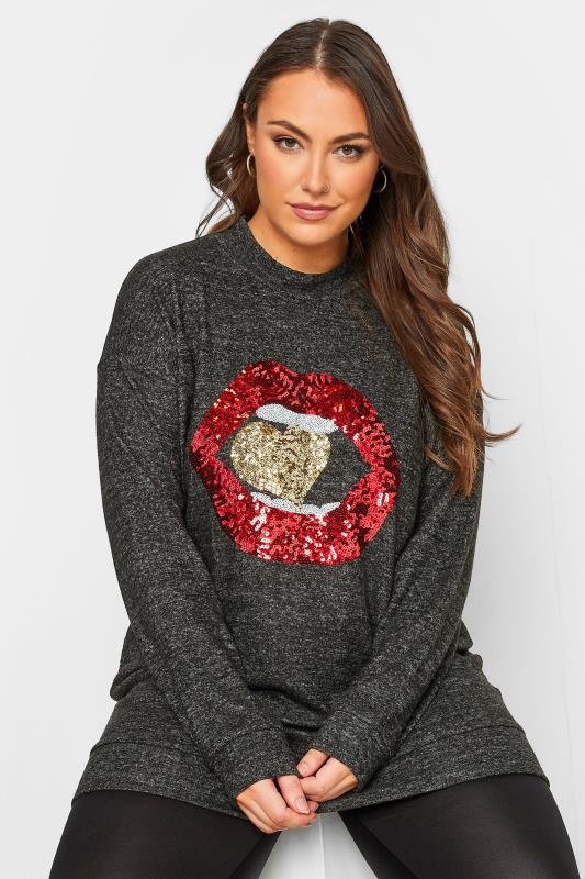 Curve Plus Size Charcoal Grey & Red Glitter Lips Print Soft Touch Long Sleeve Top 1