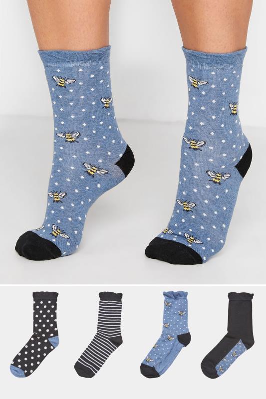  Grande Taille 4 PACK Blue & Black Bee Print Ankle Socks