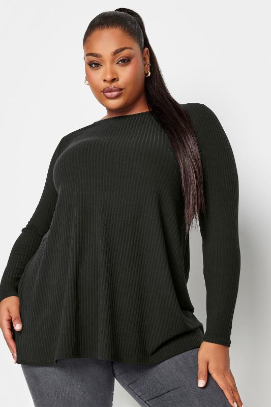 YOURS Plus Size Black Long Sleeve Ribbed Swing Top | Yours Clothing 4
