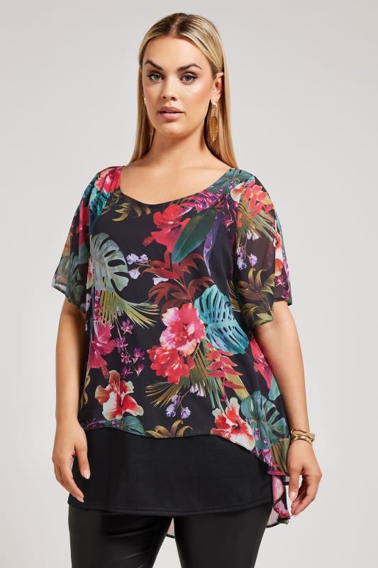 YOURS LONDON Plus Size Black Tropical Print Blouse | Yours Clothing 1