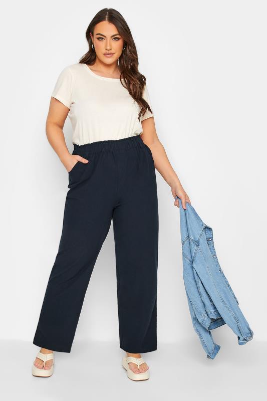 YOURS Plus Size Navy Blue Cool Cotton Wide Leg Trousers | Yours Clothing