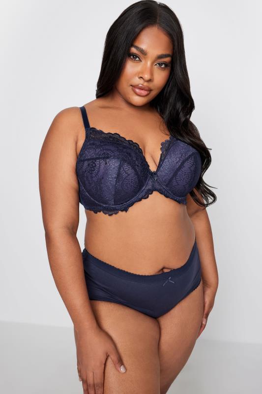 Plus Size Ink Blue Lace Padded Underwired Plunge Bra | Yours Clothing 1