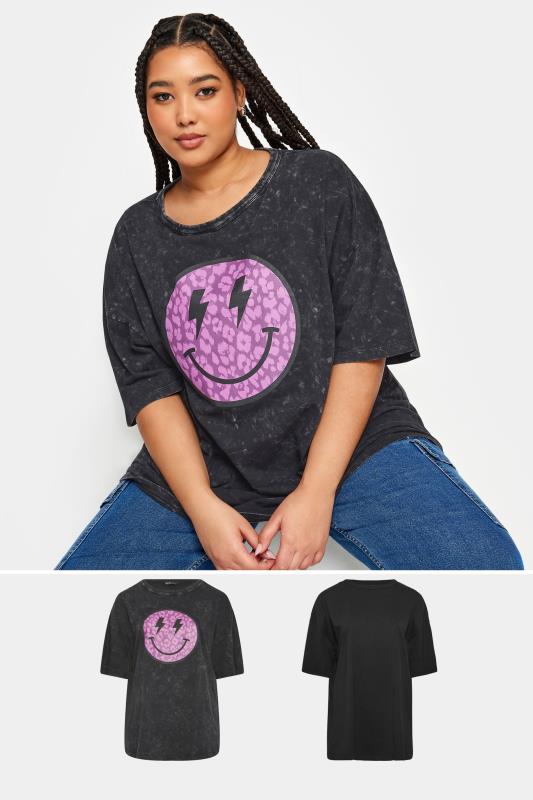 YOURS Curve Plus Size Charcoal Grey & Black Leopard Print Smiley Face T-Shirt | Yours Clothing  1