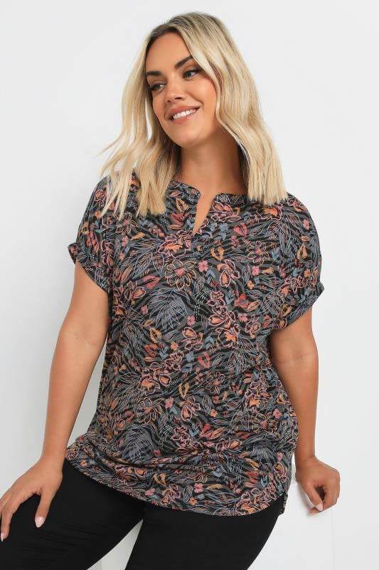 YOURS Plus Size Grey Floral Print Notch Neck Top | Yours Clothing  1