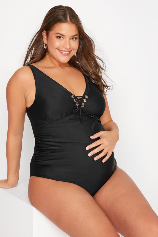 BUMP IT UP MATERNITY Plus Size Black Lace Up Front Tummy Control Swimsuit | Yours Clothing 1