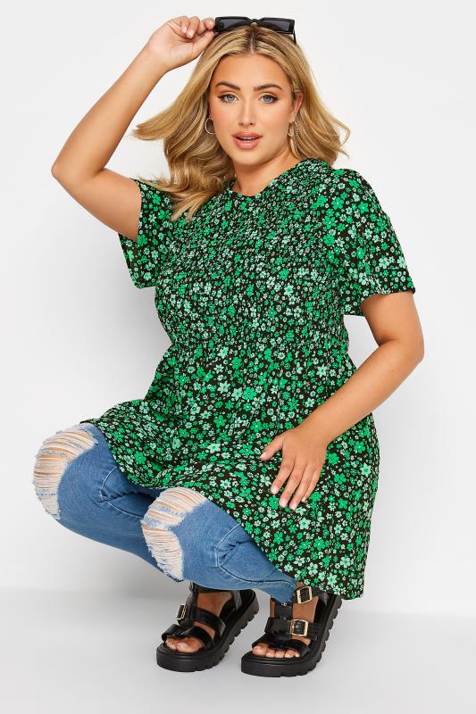 Plus Size Black & Green Ditsy Print Shirred Smock Top | Yours Clothing 2