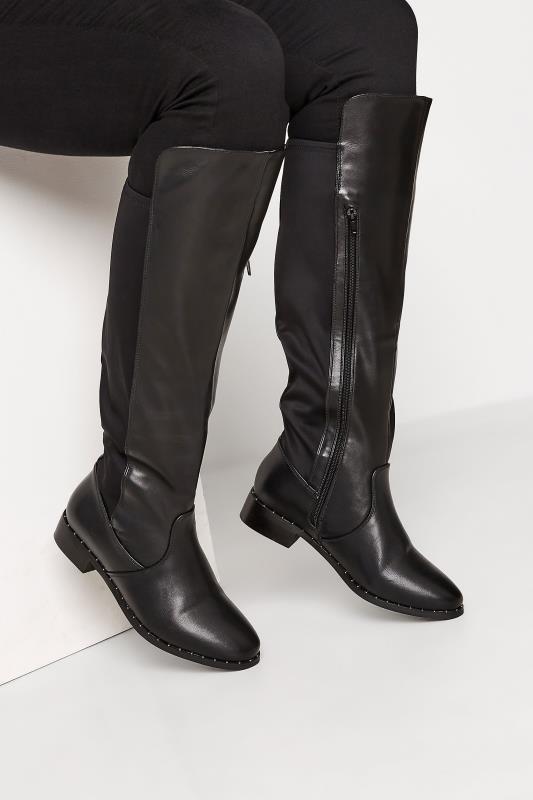 Plus Size  Black Studded Knee High Boots In Wide E Fit & Extra Wide EEE Fit
