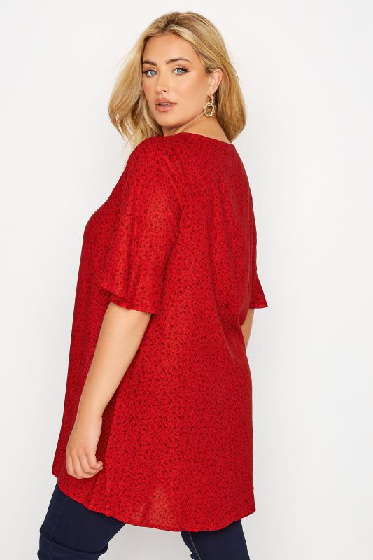 Curve Red Ditsy Print Keyhole Top 3