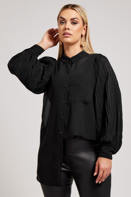 YOURS LONDON Plus Size Black Long Pleat Sleeve Shirt | Yours Clothing 1