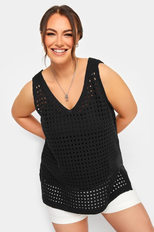 YOURS Plus Size Black Crochet Vest Top | Yours Clothing 4