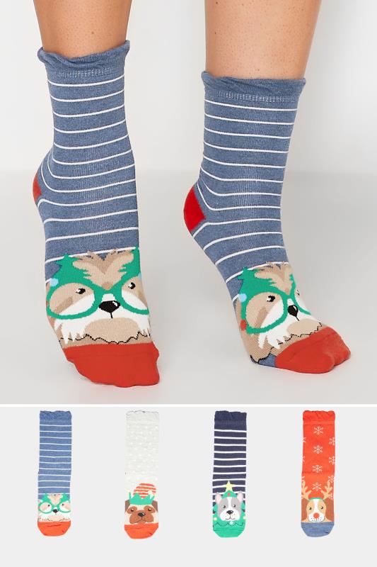 4 PACK Navy Blue Christmas Animals Ankle Socks | Yours Clothing 1