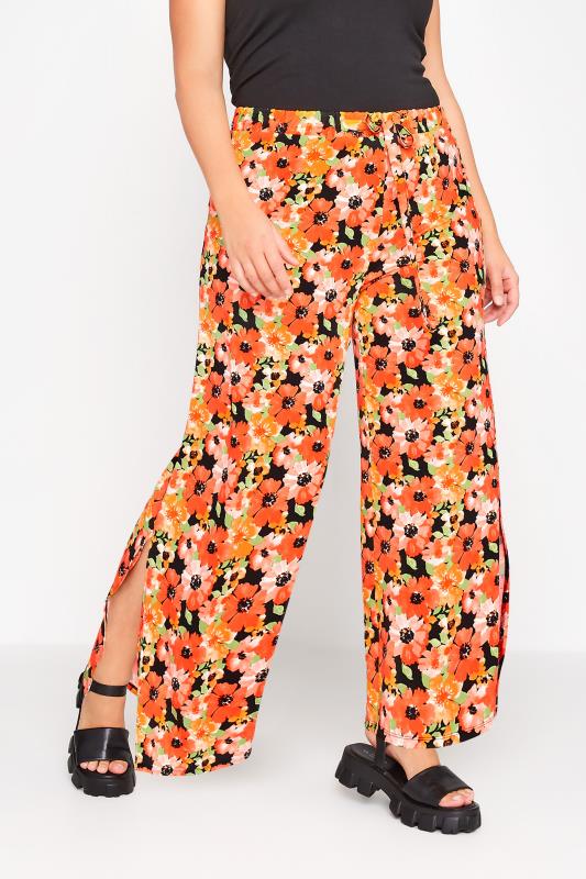 Plus Size  Curve Orange Floral Print Tie Wide Leg Trousers