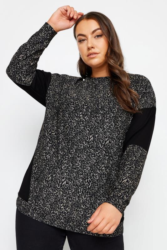 YOURS Plus Size Black Leopard Print Colourblock Sweatshirt | Yours Clothing 1