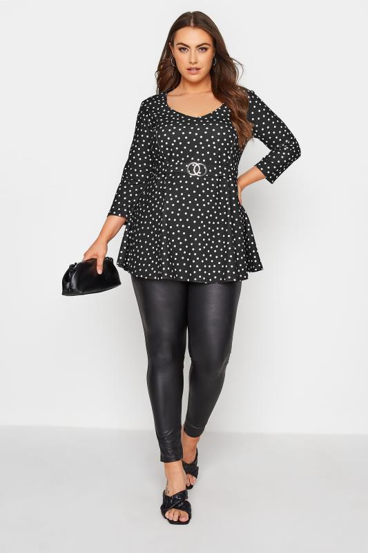 YOURS LONDON Curve Black Polka Dot Belted Peplum Top 2