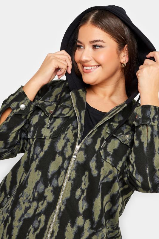 YOURS Plus Size Khaki Green Animal Markings Print Hooded Shacket | Yours Clothing 5