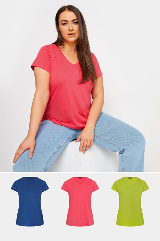 YOURS Plus Size 3 PACK Blue & Green Short Sleeve Cotton Blend T-Shirts | Yours Clothing 1