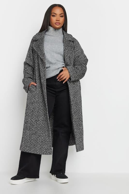 YOURS Plus Size Black Woven Herringbone Formal Maxi Coat | Yours Clothing 2