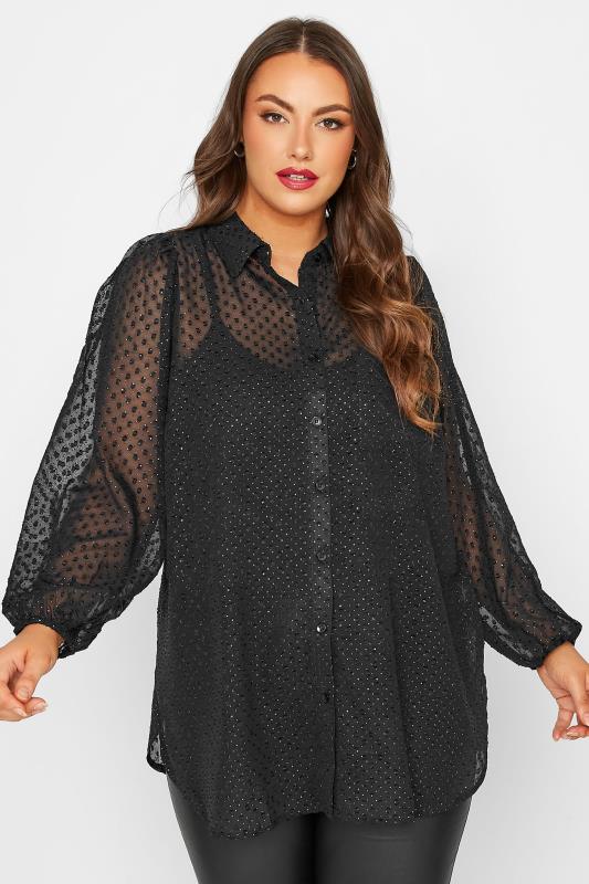 LIMITED COLLECTION Plus Size Black Glitter Dobby Print Shirt | Yours Clothing 1