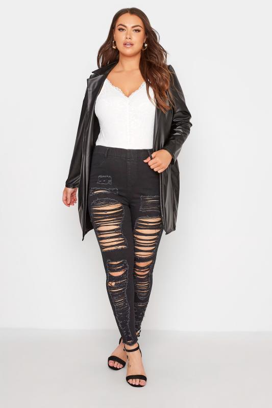 Plus Size Black Frayed Ripped GRACE Jeggings | Yours Clothing 2