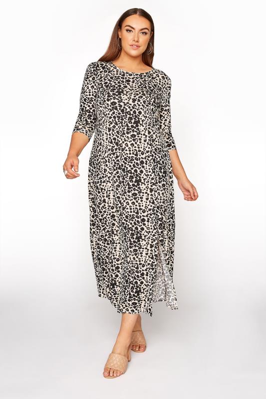 Plus Size  YOURS LONDON Beige Leopard Print Maxi Split Dress