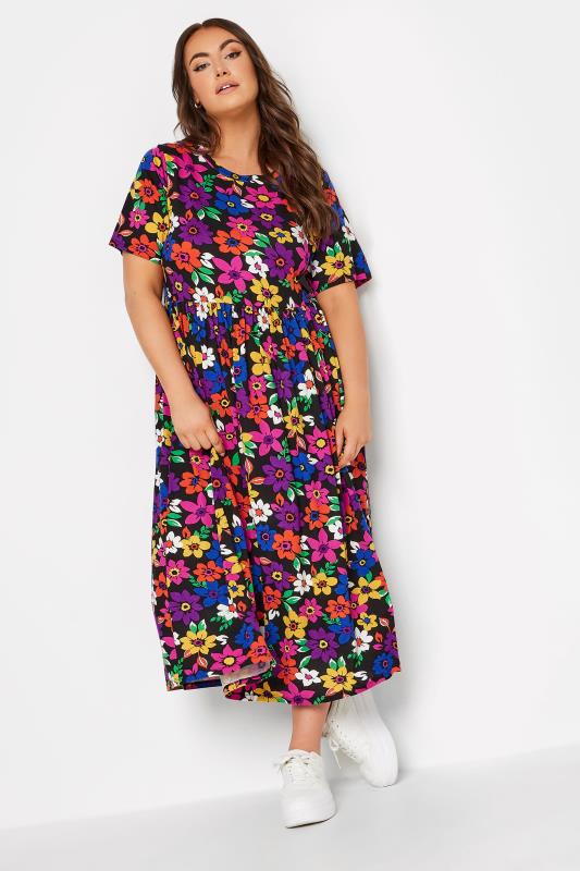 YOURS Plus Size Black Floral Print Throw On Midaxi Dress | Yours Clothing