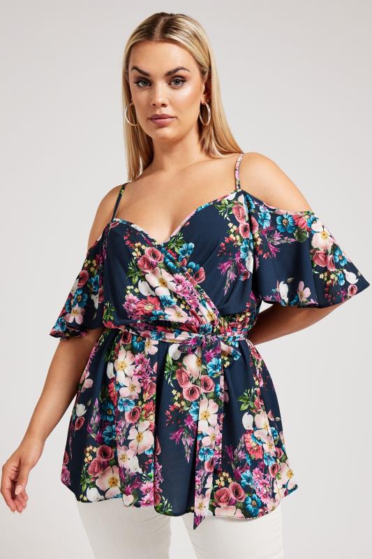 YOURS LONDON Plus Size Navy Blue Floral Print Cold Shoulder Top | Yours Clothing 1
