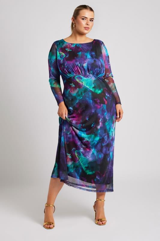 Plus Size  YOURS LONDON Curve Purple Blur Floral Print Mesh Maxi Dress