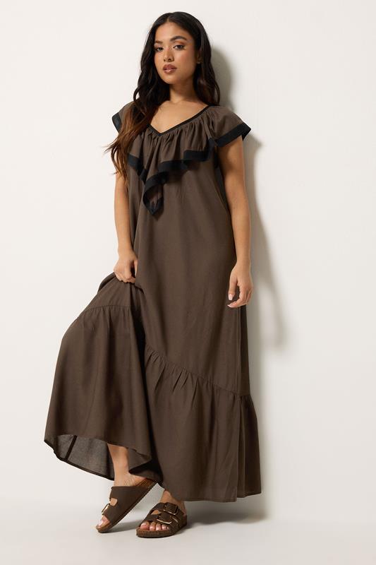 PixieGirl Petite Chocolate Brown Frill Midi Dress