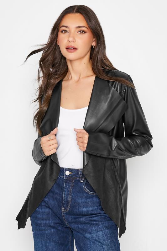 Tall Women's LTS Black Faux Leather Waterfall Jacket | Long Tall Sally  1