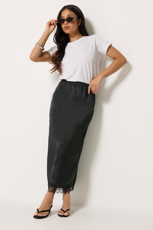 PixieGirl Petite Women's Black Lace Hem Satin Maxi Skirt | PixieGirl 1