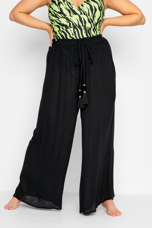 Plus Size Black Wide Leg Beach Trousers | Yours Clothing 1