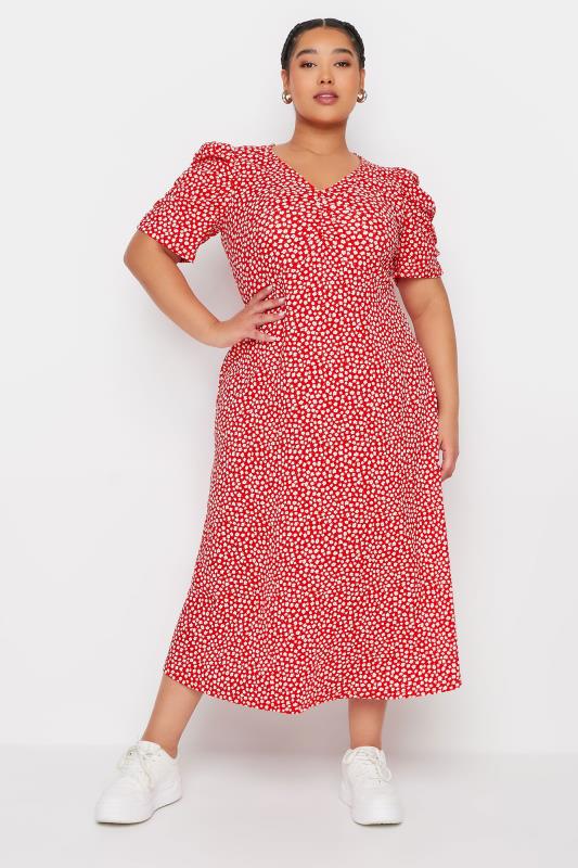 YOURS Plus Size Red Floral Print Textured Milkmaid Dress | Yours Clothing 1