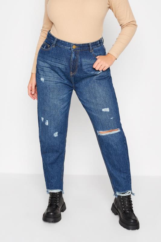 Plus Size Indigo Blue Ripped MOM Jeans | Yours Clothing 1