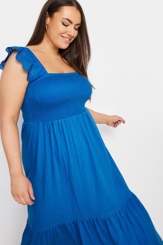 YOURS Plus Size Blue Frill Sleeve Shirred Midaxi Dress | Yours Clothing 4