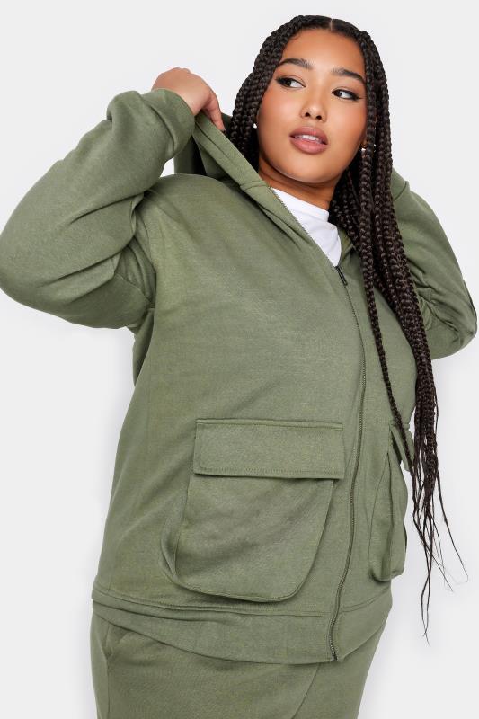 YOURS Plus Size Khaki Green Utility Pocket Zip Through Hoodie | Yours Clothing 4