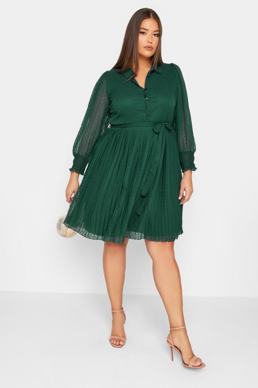YOURS LONDON Plus Size Forest Green Dobby Pleat Shirt Midi Dress | Yours Clothing 1