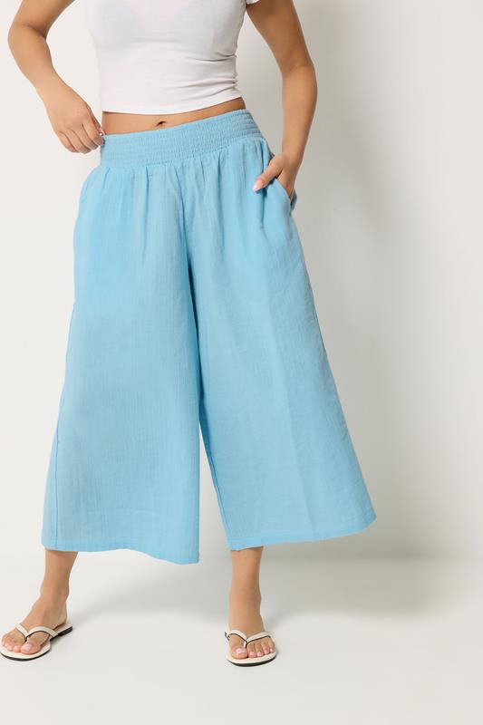 PixieGirl Petite Women's Light Blue Cotton Cheesecloth Cropped Wide Leg Trousers | PixieGirl 1