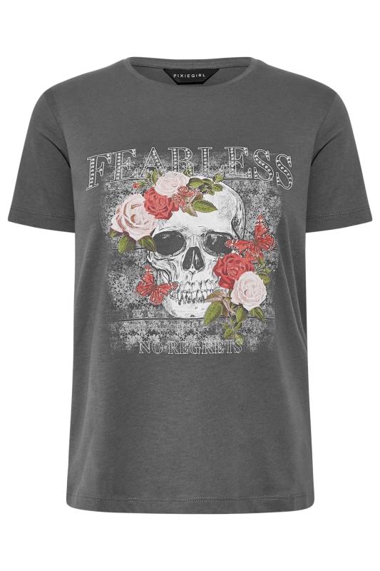 Petite Grey 'Fearless' Skull Slogan T-Shirt 7