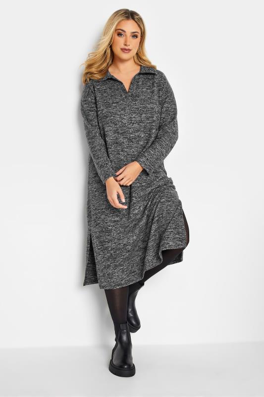 Plus Size  YOURS Curve Grey Textured Soft Touch Open Collar Midi Dress