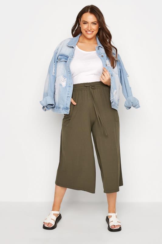 Plus Size Khaki Green Crinkle Culottes | Yours Clothing 2