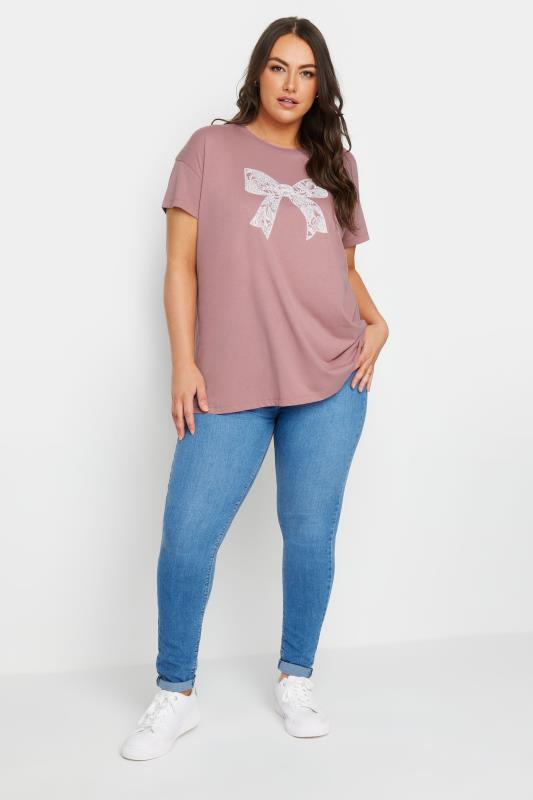 YOURS Plus Size Pink Diamante Bow Print T-Shirt | Yours Clothing  2