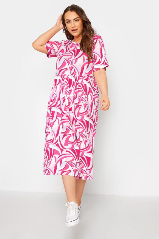 Großen Größen  LIMITED COLLECTION Curve Pink Abstract Print Midaxi Smock Dress