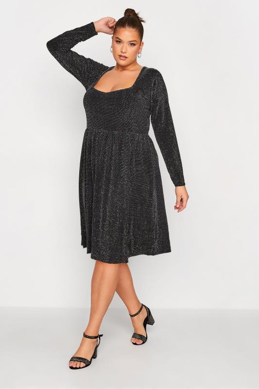 LIMITED COLLECTION Plus Size Black & Silver Glitter Sweetheart Neck Dress | Yours Clothing 2