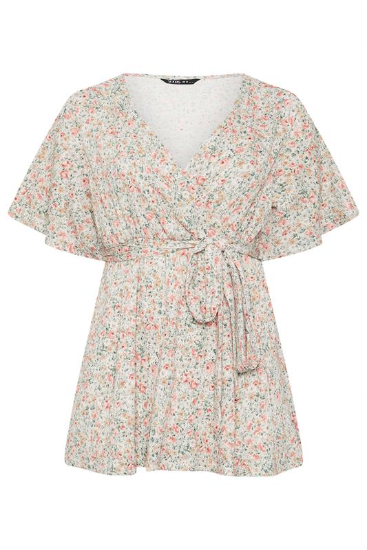 YOURS Plus Size Natural Brown Floral Textured Wrap Top | Yours Clothing 5