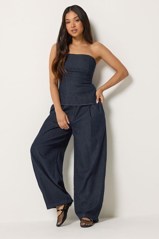 PixieGirl Petite Women's Dark Blue Pleated Wide Leg Jeans | PixieGirl  1