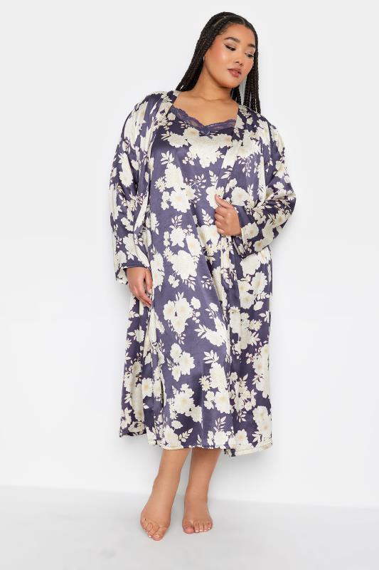 YOURS Plus Size Purple Floral Print Satin Robe | Yours Clothing 3