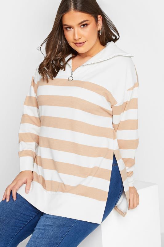 YOURS Plus Size White & Beige Brown Stripe Quarter Zip Jumper | Yours Clothing 4