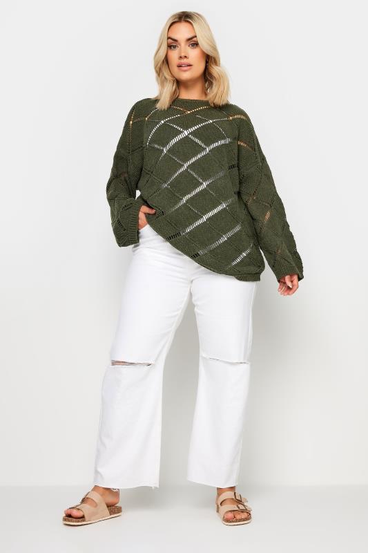 YOURS Plus Size Khaki Green Ladder Stitch Jumper | Yours Clothing  2