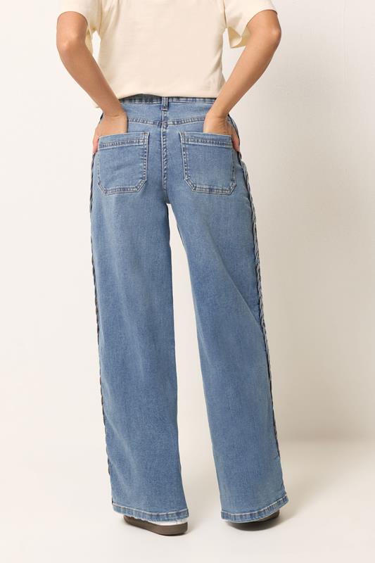 PixieGirl Petite Women's Mid Blue Plait Detail Wide Leg Jeans | PixieGirl 4